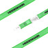 A green poly satin lanyard featuring a clip and branding, with a smooth, shiny finish.
