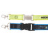 A poly satin lanyard with a black and blue section, and a bright yellow section featuring a logo and metal clips.