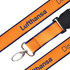 A detailed woven lanyard in orange and navy, featuring a clip and a branding logo.