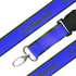 A detailed woven lanyard in blue with a green accent, featuring a clasp and a branding logo.