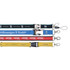 A set of four detailed woven lanyards in blue, red, yellow, and black, each with a clip and branding.