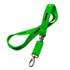 A green neoprene lanyard with a metal clip and a logo. 