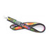 A Neoprene lanyard with a colourful pattern in shades of purple, orange, and green, featuring a clip attachment and branding.