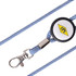 A blue and white lanyard featuring a clip and a circular branding piece.