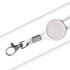 A white lanyard with a silver clip and an epoxy domed attachment. The lanyard is made of a textured material.