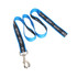 A detailed woven dog leash in blue and black, featuring a metal clip for fastening. It has a branding logo.