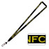 A black bamboo lanyard features yellow text and a logo. It has a secure clip for attachments.