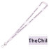 A white lanyard with a ribbed texture and a metal clip, featuring a logo and text design.