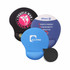 A collection of four bean gel pads in black, blue, and multi-colour designs, featuring various logos.