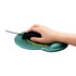 A green gel mouse pad with a hand holding a black mouse, featuring a rounded design and a logo.