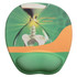 A green and orange gel mouse pad featuring an hourglass design with a spinal illustration, and a logo.