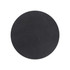 A round black cork mouse mat with a textured surface and a logo featured.