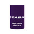 A purple stubby holder with a logo, designed to fit standard drink bottles.