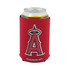 A drink can nestled in a red foldable stubby holder with a logo.