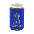 A drink can is inside a blue foldable stubby holder featuring a logo. The holder is designed for easy transport.