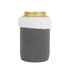 A grey stubby holder with a white fur trim designed for beverage cans. It features a logo on the top.