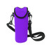 A drink bottle cooler in vibrant purple with a strap and a hook for easy carrying. Features a logo.
