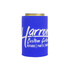 A drink bottle stubby holder in blue with a logo featuring text related to guitar repairs and parts.