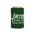 A drink bottle holder in green with a logo, designed for holding cans.