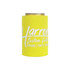 A drink bottle holder in bright yellow with a branding logo, designed to keep cans insulated.