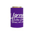 A purple stubby holder designed for drink cans, featuring a logo and text.