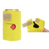 A drink bottle stubby holder in bright yellow with a hole and Velcro tabs for secure fit. Features a logo.