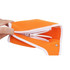 An orange bottle cooler with a zip closure, featuring a white trim and a hand holding it.