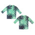 A drink bottle cooler in green tropical leaf design with long sleeves. Features a logo on one side.