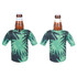 A drink bottle cooler in green with tropical leaf patterns, resembling a jersey, holding a bottle.