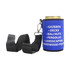 A drink bottle holder in blue with a silver clip, featuring a list of services in white text.