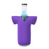 A drink bottle in a purple jersey-style stubby cooler with a logo on it.