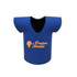 A blue jersey-style stubby cooler with a V-neck design. It has a logo on the front.
