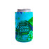 A drink bottle holder in vibrant blue with a floral design and a logo, featuring a can inside.