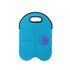 A drink bottle cooler in vibrant blue featuring a handle and a logo.