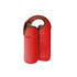 A drink bottle cooler in vibrant red with a snap handle, designed to hold two bottles side by side.