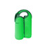 A drink bottle cooler in bright green, featuring a snap handle and accommodating two bottles. It has a logo on the side.