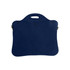 A navy laptop bag with a handle and button closures, featuring a sleek, smooth design.