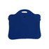 A blue laptop bag with a handle and a smooth surface, featuring a logo on the front.