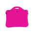 A pink laptop bag with a handle, featuring a smooth exterior and a simple design. It has black accents.
