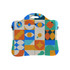 A colourful laptop bag featuring a geometric pattern with orange, blue, and green shapes, and a handle for easy carrying.