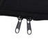 A close-up of a black laptop bag zipper with two zip pulls. The bag features a sleek, minimalist design.