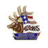 A gold and coloured hard enamel lapel pin featuring a moose and stars, with a logo and text details.