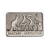 A metallic lapel pin featuring a kangaroo and an emu, with the text "25 YEARS MACKAY - MATSUURA."