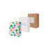 Three twisted handle kraft paper bags in different designs: colourful geometric patterns, plain white, and natural brown.