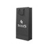 A drink bottle paper bag in black, featuring a logo, with handles for easy carrying. Dimensions: 175x360x85mm.