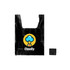 A black reusable foldaway shopping bag featuring a logo with a cloud and first aid symbol, folded compactly beside it.