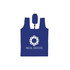 A blue foldable shopping tote bag featuring a logo and a closure mechanism at the top.