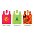 A compact foldable shopping tote bag in pink, green, and a patterned orange, each featuring a logo.