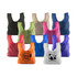 A collection of foldaway shopping tote bags in various colours, including black, beige, green, pink, blue, and orange, with logos.