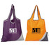 A purple and an orange foldaway shopping bag, each featuring a logo, with grey accents at the bottom.